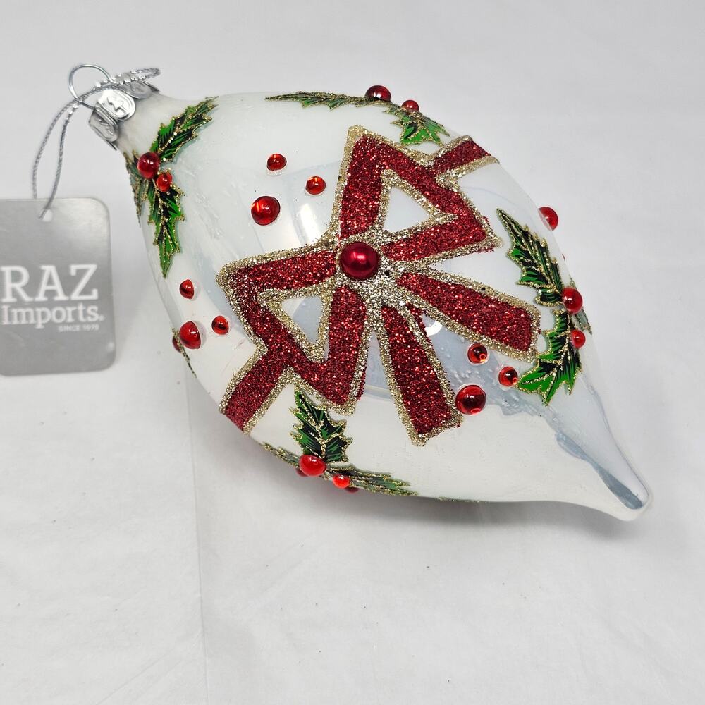 Glass Christmas Ornament Hand Painted White Teardrop Glitter Green Holly Red Bow